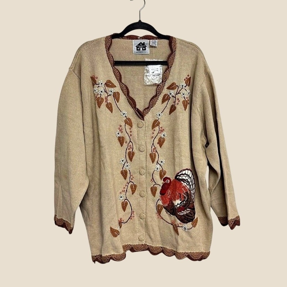 VTG New Storybook Knits Thanksgiving Turkey Cardigan Beige Brown Size 3X